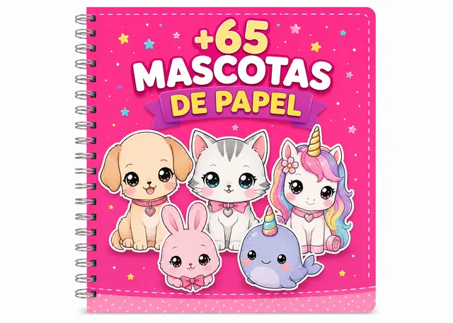 Cuaderno del bono +65 Mascotas de Papel con perrito, gatito, conejo y unicornio