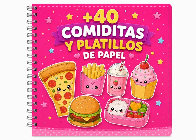 Cuaderno del bono +40 Comiditas y Platillos de Papel con pizza, hamburguesa, papas y cupcake