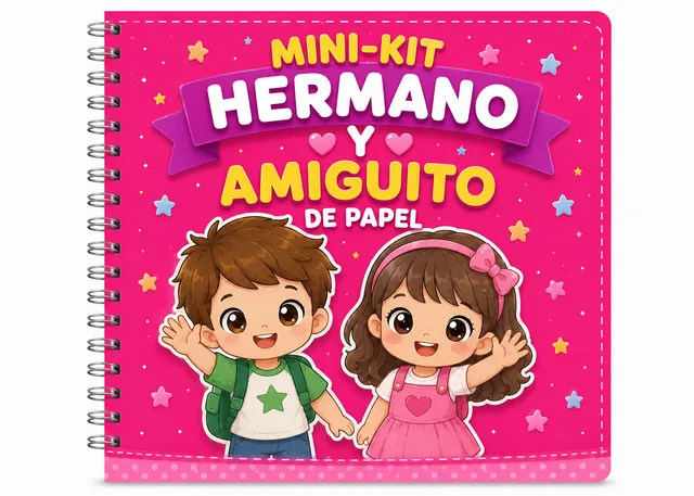 Cuaderno del bono Mini-Kit Hermano y Amiguito con un niño y una niña de papel