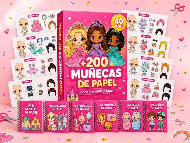 Caja de la colección +200 Muñecas de Papel con las hojas imprimibles y los 6 cuadernos de bonos