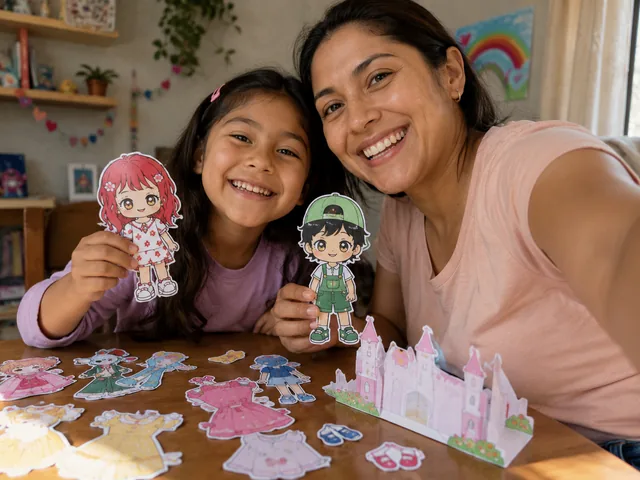 Mamá e hija sonriendo en la mesa del comedor mostrando dos muñecas de papel recortadas junto a un castillo armado