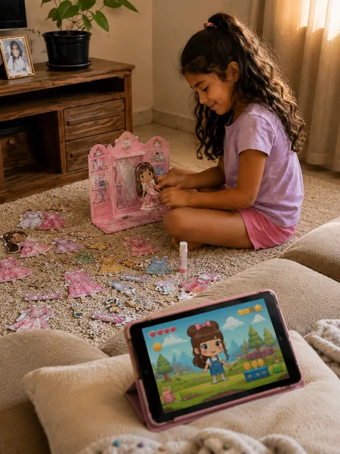 Niña jugando en la alfombra con su ropero de muñecas de papel mientras la tablet encendida queda olvidada a un lado
