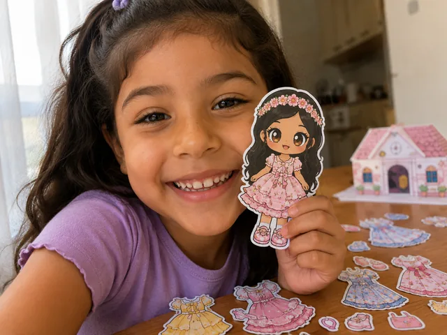 Niña sonriendo mientras sostiene una muñeca de papel con vestido rosa, rodeada de ropitas recortadas y una casita de papel