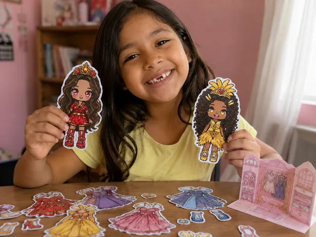 Niña mostrando dos muñecas de papel con trajes típicos, con más vestidos recortados y un ropero de papel sobre la mesa