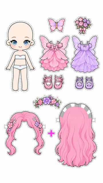 Hoja imprimible de muñeca hada con vestidos rosa y lila, alas de mariposa, corona de flores y dos peinados