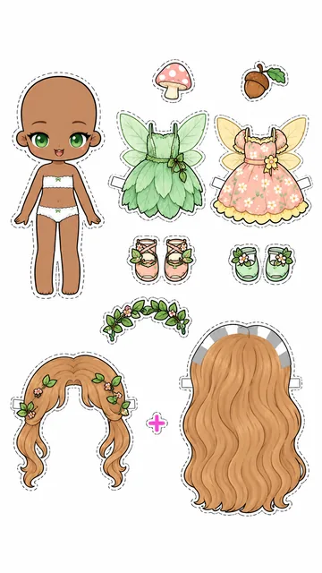 Hoja imprimible de muñeca hada del bosque con vestidos verde y coral, hongo, bellota y dos peinados castaños