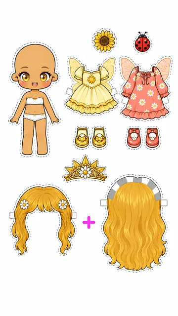 Hoja imprimible de muñeca hada del sol con vestidos amarillo y coral, girasol, mariquita y dos peinados dorados