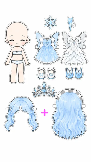 Hoja imprimible de muñeca princesa de hielo con vestidos azul y blanco, corona de copos de nieve y dos peinados celestes