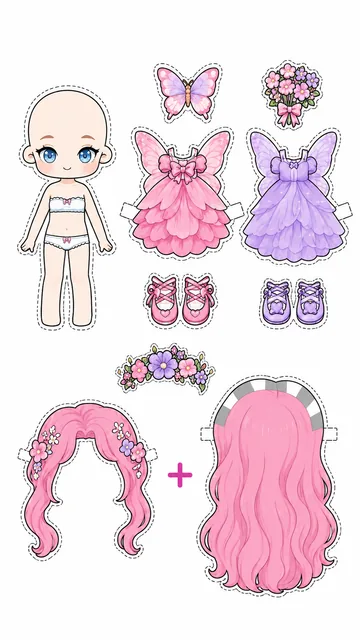 Hoja imprimible de muñeca hada con vestidos rosa y lila, mariposa, ramo de flores y dos peinados rosados