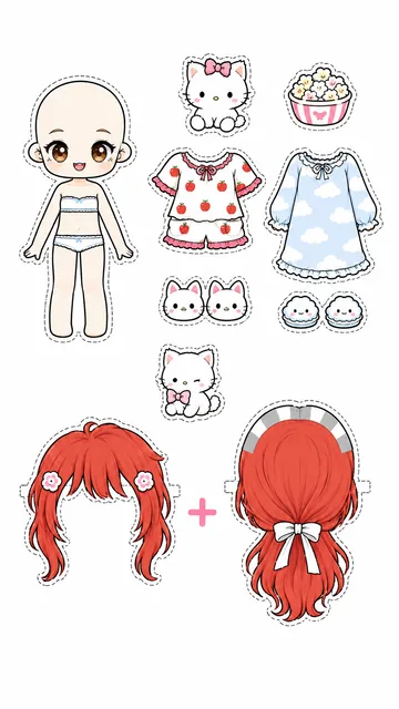 Hoja imprimible de muñeca en pijamada con pijama de fresas, gatito, palomitas y dos peinados pelirrojos