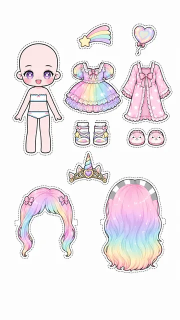 Hoja imprimible de muñeca unicornio con vestido arcoíris, bata rosa, corona de unicornio y dos peinados pastel