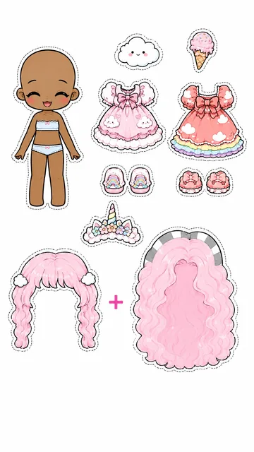 Hoja imprimible de muñeca unicornio rosa con vestidos de nube y helado, corona de unicornio y dos peinados rosados
