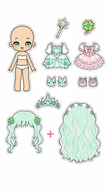 Hoja imprimible de muñeca hada con vestidos menta y rosa, varita mágica, trébol y dos peinados verde menta