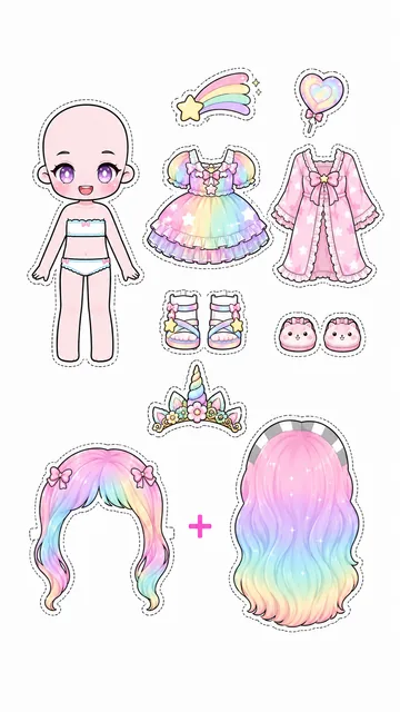 Hoja imprimible de muñeca unicornio con vestido arcoíris, bata rosa y dos peinados de colores pastel