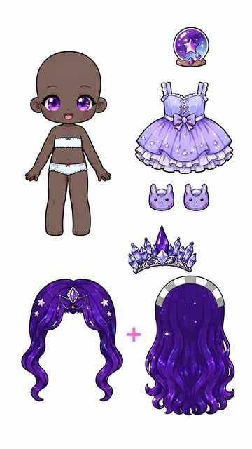 Hoja imprimible de muñeca princesa galaxia con vestido lila, tiara de cristales y dos peinados morados